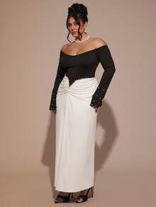 SHEIN BAE Vestido de manga larga con bloque de color y decoración de perlas para tallas grandes - Blanco y Negro - Ver 4