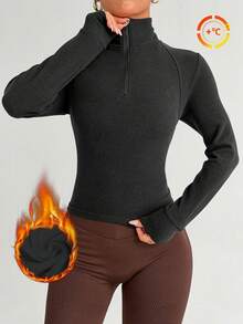 Dewbera 1 件女式黑灰色半拉链插肩长袖羊毛上衣，时尚瑜伽健身户外休闲运动，秋季 - 黑色 - 查看 1