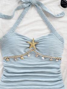 Soleia 女士度假露背系带海星贝壳装饰蕾丝V领花卉金属扣白色针织纹理修身背心，性感修身时尚上衣，适合派对、约会、邮轮、海滩、夏季度假，蓝色沙滩风情夏季上衣 - 藍色 - 查看 3