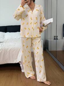 Miss Vinta Women's Collared Heart Striped Long Sleeve Pajama Set Striped Heart Print 2 Pieces Set, Winter Clothes - Yellow - View 3