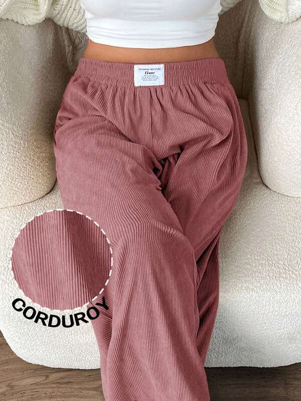 SHEIN EZwear Plus Size Women's High Waist Loose Flare Leg Pants, Corduroy Fabric With Pockets & Patch Design, Suitable For Campus, Daily Wear, Indoor Work, Autumn/Winter, Light Pink