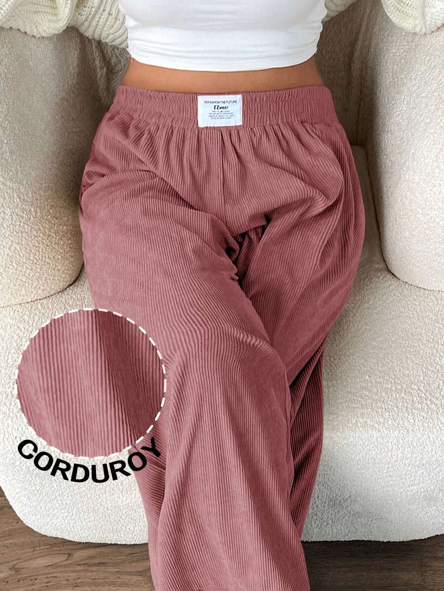 大码女式高腰宽松喇叭裤，灯芯绒面料，带口袋和贴片设计，适合校园、日常穿着、室内工作、秋冬，浅粉色 - 藕粉色 - 查看 1