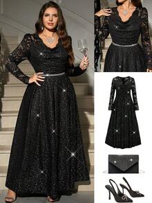 Clasi Vestido elegante de encaje y parches para fiesta de talla grande - Negro - Ver 10