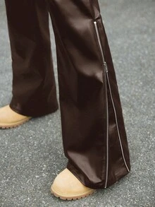 AXEPEAK Men's Fashion Zipper Design PU Leather Loose Pants - Brown - View 4