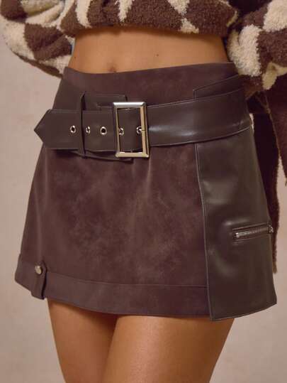 MUSERA 层叠仿皮搭扣细节迷你裙，秋冬酷炫街头风，休闲日常百搭，复古新潮，适合各种场合，如圣诞派对