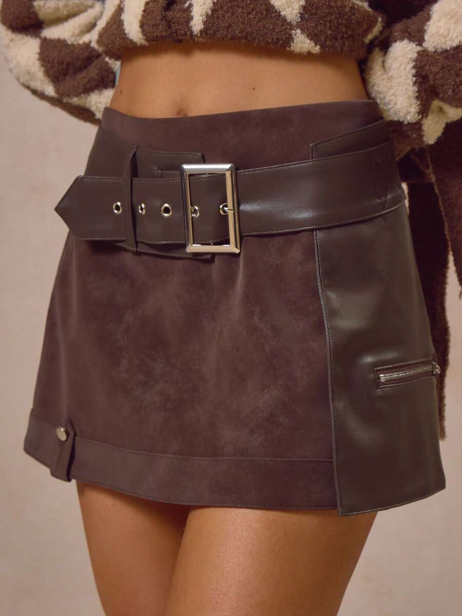 MUSERA 层叠仿皮搭扣细节迷你裙，秋冬酷炫街头风，休闲日常百搭，复古新潮，适合各种场合，如圣诞派对
