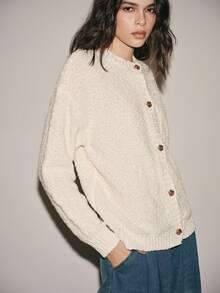 SHEIN LUNE Women's Cream White Autumn Elegant Office Loose Knit Cardigan,White Chrysanthemum Textured Button Up Oversized Sweater,Autumn/Winter Neutral Clothes - White - View 5
