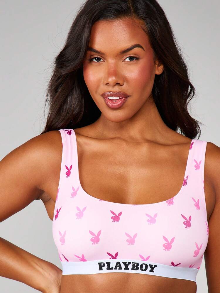 Missguided x Playboy Braletka z nadrukiem na całej powierzchni z głową króliczka i okrągłym dekoltem