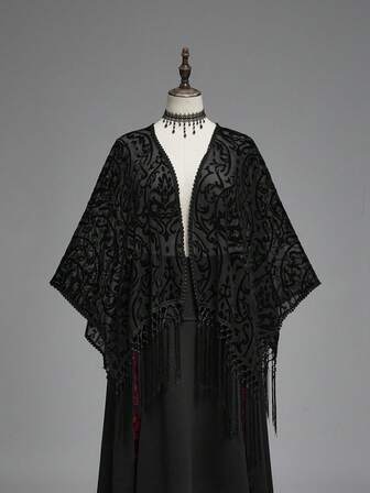 Plus Size Women Gothic Retro Flocked Texture Asymmetrical Fringe Hem Cardigan Blouse, Seamless Shoulder