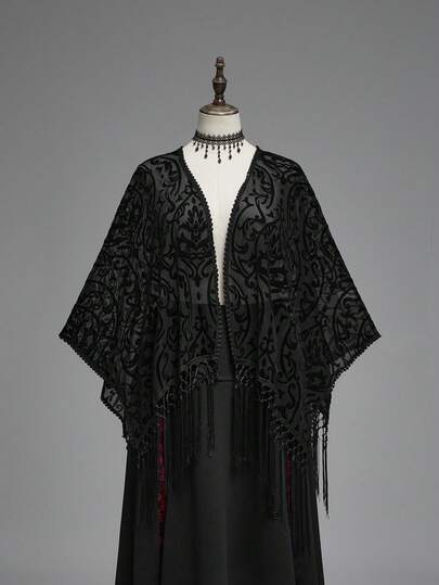 Plus Size Women Gothic Retro Flocked Texture Asymmetrical Fringe Hem Cardigan Blouse, Seamless Shoulder