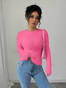 Rafferiza Solid Color Round Neck Raglan Sleeve Fitted Casual Knit Pullover Sweater - Hot Pink - View 4