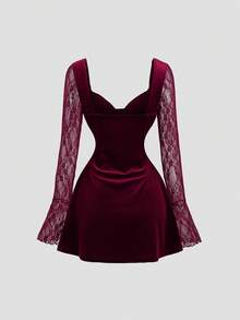 Sweetra 优雅法式秋季新款丝绒撞色蕾丝红色情人节系列连衣裙，性感派对独特设计长袖迷你连衣裙，女士 - 酒紅色 - 查看 2