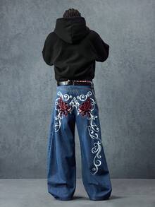 ROMWE MEN Street Life Quần Jeans Denim Cong In Họa Tiết Màu Tương Phản Cho Nam - Màu xanh lam - Xem 3