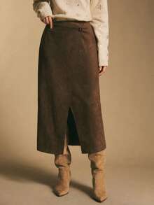 Poéselle 女士仿麂皮裹身中长裙，前开衩设计 – 棕色不对称纽扣细节裙，打造时尚秋冬造型。仿麂皮裹身中长裙，棕色中长裙，不对称设计，前开衩，秋冬裙装，舒适时尚，中性色调，适合女士日常休闲通勤、西部牛仔度假风。麂皮裹身纽扣开衩裙，棕色裙摆，新年女士冬季必备单品。 - 棕色 - 查看 5