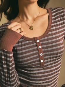 Poéselle 2pcs Women Casual Brown Stripe Long Sleeve Top & Pants Set,Autumn Lounge Outfit,New Year Women's Winter Dress,Suitable For Daily Wear,Commuting Fall - Coffee Brown - View 3
