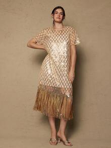 Freevana Plus Size Romantic Vintage Sequin Tassel Dress, Shiny Party Holiday New Year Dress - Champagne - View 5