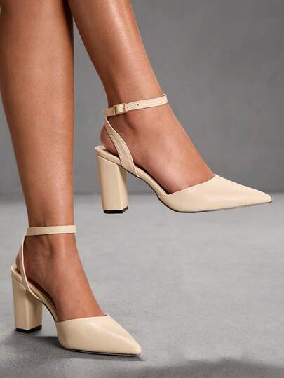 CUCCOO SZL Pointed Toe Chunky Heel Strap Backless Versatile Elegant Sexy Apricot PU High Heels
