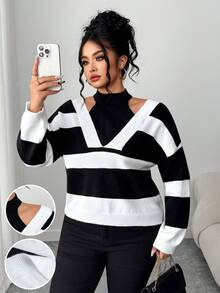 Elenzga Áo len chui đầu rộng rãi thời trang thường ngày hở vai cỡ lớn - Đen và trắng - Xem 1