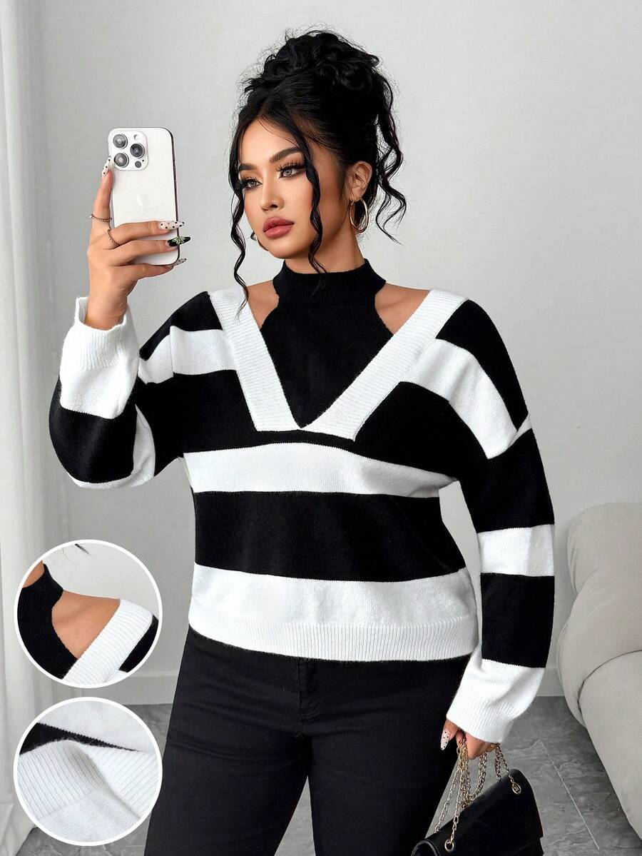Elenzga Áo len chui đầu rộng rãi thời trang thường ngày hở vai cỡ lớn - Đen và trắng - Xem 1