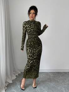 Elenzga Women's Elegant Leopard Print Elastic Mesh Ruched Bodycon Dress - Dark Green - View 5