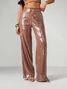 MISSGUIDED Sequined High-Waisted Wide Leg Palazzo Trousers For Evening Party Occasions - Khaki - View 1