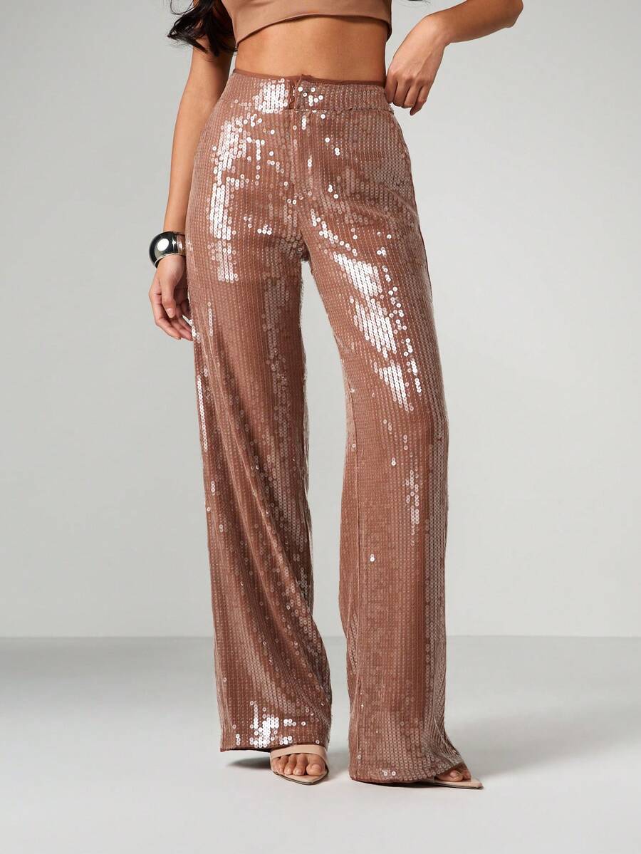 MISSGUIDED Sequined High-Waisted Wide Leg Palazzo Trousers For Evening Party Occasions - Khaki - View 1