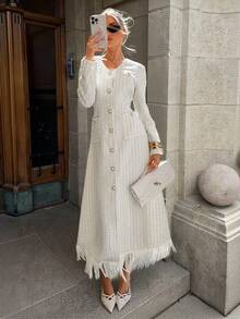 Siren Gaze Women's V-Neck Long Sleeve Single-Breasted Elegant Long Dress White Linen Dress White Modest Dress White Fringe Dress French Style Dress White Western Dress Winter Party Evening Dress - Apricot - View 8