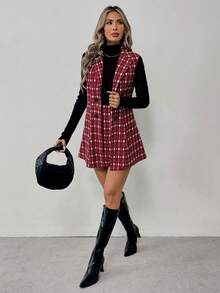 Elyressa Bộ vest và váy kẻ caro thời trang cho người đi làm - Màu Đỏ Sâu - Xem 6