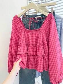 INAWLY ملابس علوية قصيرة مزخرفة بطبعات زهرية مع أكمام فانوس وذيل مكشكش، مناسبة للمرأة البدينة، للربيع والصيف - روز أحمر - مشاهدة 3