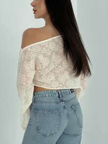 Aloruh Women's Vintage Sexy Embroidered Floral Batwing Sleeve Shawl Collar Cover Up Golf White Autumn - Apricot - View 2