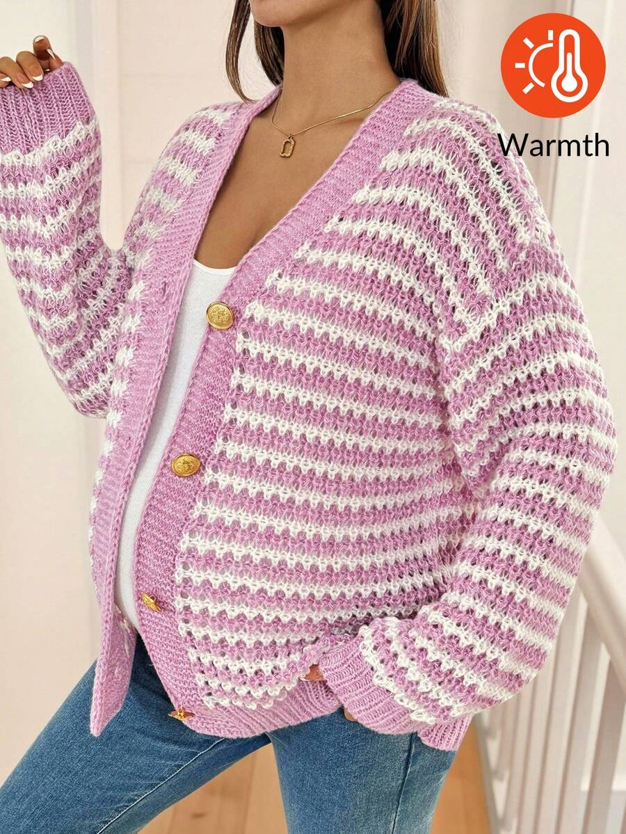 SHEIN Maternity Casual Striped Drop Shoulder Cardigan, Autumn/Winter Pink Crochet Cardigan Button Up Cardigan Women Crochet Cardigan Sweater Cardigan Summer Cardigan