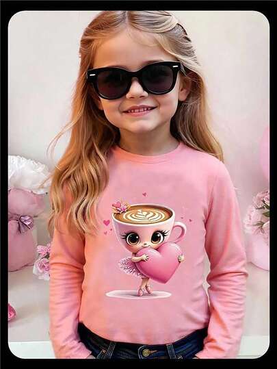 SHEIN Young Girls Casual Fashionable Cute Ballerina & Coffee Cup Cartoon Print Comfortable Children Clothing Crew Neck Long Sleeve Ballerina Cappuccina Pink Long Sleeve T-Shirt