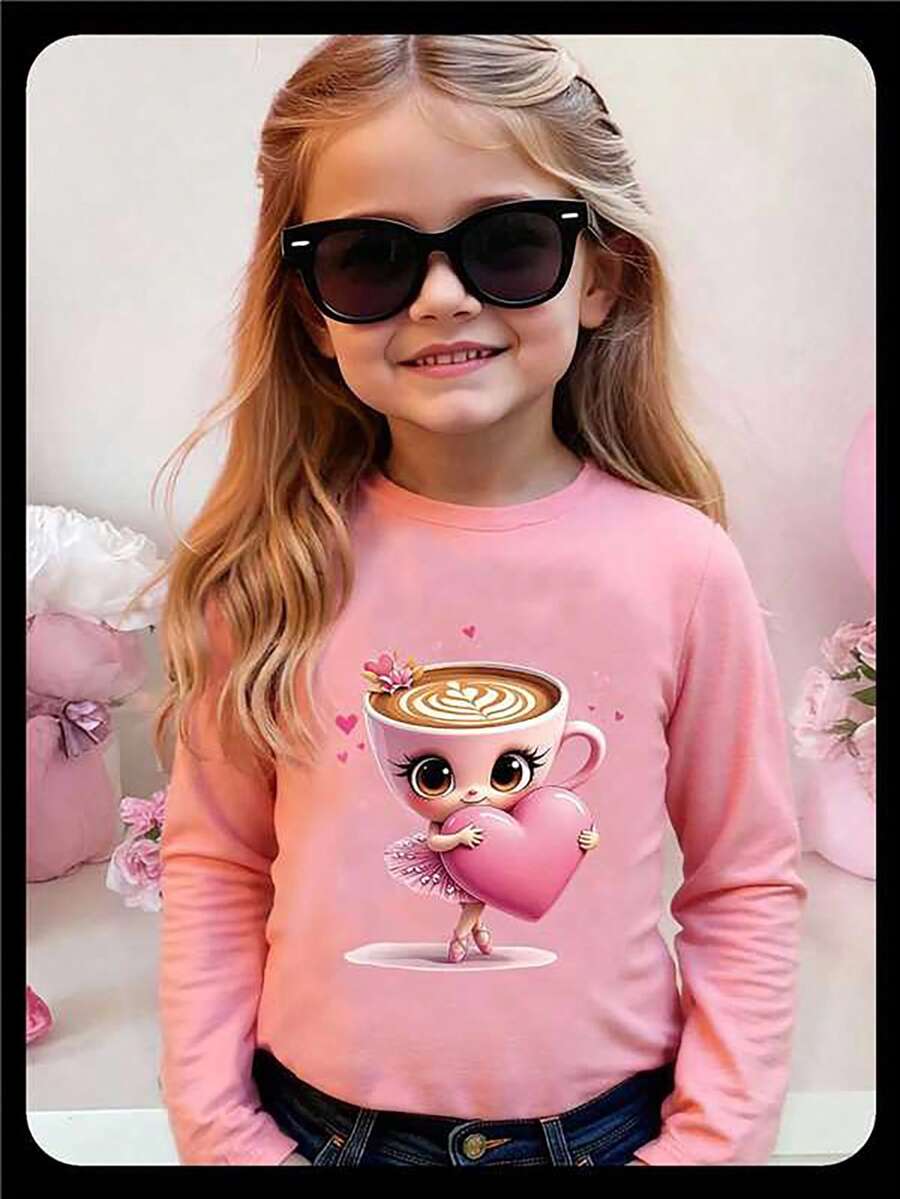 SHEIN Young Girls Casual Fashionable Cute Ballerina & Coffee Cup Cartoon Print Comfortable Children Clothing Crew Neck Long Sleeve Ballerina Cappuccina Pink Long Sleeve T-Shirt - Pink - View 1