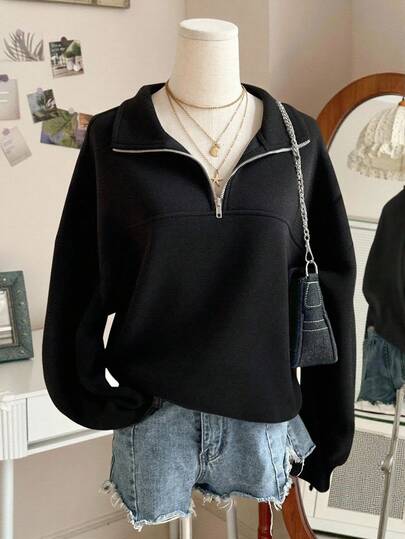 Tween Girls' Casual Everyday Commute Minimalist Solid Color Half-Zip Collared Sweatshirt, Autumn/Winter