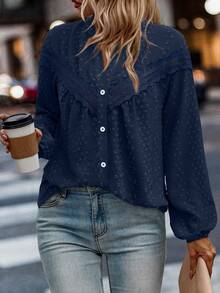 EMERY ROSE Women Button Front Long Sleeve Patchwork Blouse, Casual Everyday Wear Women Shirt