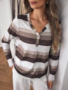 Louniche 长袖V领纽扣装饰休闲多色条纹女式T恤图案T恤女式春秋季上衣女装 - 咖啡棕 - 查看 3