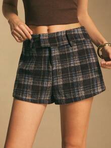 Poéselle 女士休闲格子印花短裤，羊毛短裤，美式复古风，方格短裤，格子短裤，新年款，适合日常穿着、派对、外出、通勤、秋冬季 - 棕色 - 查看 2