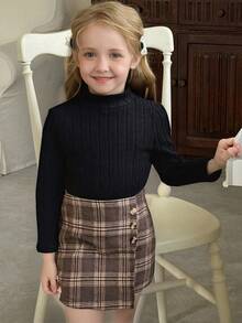 Young Girls' British Style Set, Featuring A Soft, Textured Turtleneck Sweater Top In Black And A Asymmetric Hemline Brown Plaid Skirt. The Long Sleeve Top Flatters The Figure, And The Classic Plaid Skirt With Side Button Details Adds A Refined, Vintage-Inspired Touch. Suitable For School, Cultural Events, And More. 2-Piece Set, Autumn/Winter - White - View 4