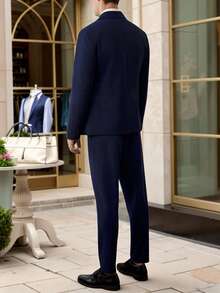 Manfinity Bizformal 男士正装商务撞色尖领双排扣西装外套和裤子套装，适合婚礼 - 藏蓝色 - 查看 2