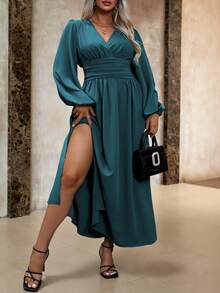 Roveilla Plus Size Women's Solid Color Criss-Cross V-Neck Lantern Sleeve Ruffle Waist Slit Hem Elegant Dress Maxi Women Outfit Teal Dressgreen Long Sleeve Dressteal Blue Dressplus Size Green Dresslantern Sleeve Dress - Teal Blue - View 1