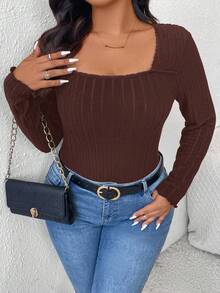 SHEIN Frenchy Plus Size Casual Ribbed Crew Neck Fitted T-Shirt/Winter - Brown - View 6