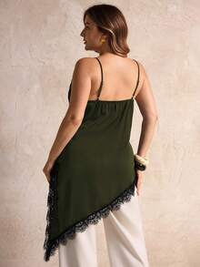 Elegantrix 大码女式都市休闲蕾丝不对称下摆 V 领拼接纯色吊带背心 - 軍綠色 - 查看 6