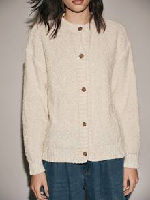 SHEIN LUNE Women's Cream White Autumn Elegant Office Loose Knit Cardigan,White Chrysanthemum Textured Button Up Oversized Sweater,Autumn/Winter Neutral Clothes - White - View 3