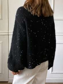 Livesso 女士休闲V领亮片开衫，秋季款 - 黑色 - 查看 2