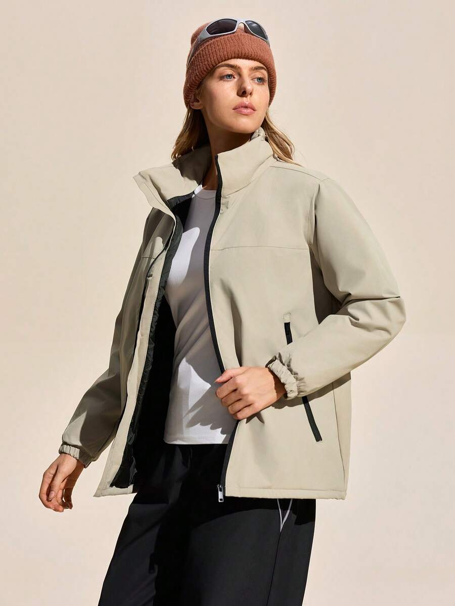 Exploreva Women's 150D Mechanical Stretch Stand Collar Zip Front Jacket Water Proof Jacket Woman Outdoor Clothes Women Women Athleisure - Khaki - View 1