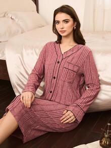 Moireta Women's Contrast Color Long Sleeve Nightgown, Winter - Redwood - View 1