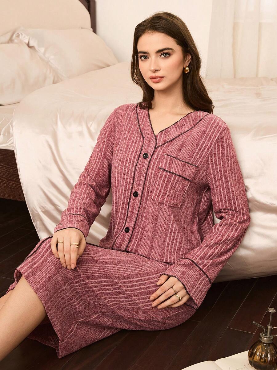 Moireta Women's Contrast Color Long Sleeve Nightgown, Winter - Redwood - View 1