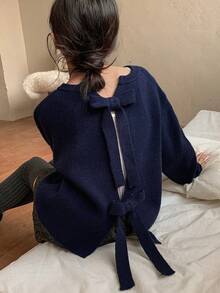 DAZY Tween Mädchen Pullover mit Rundhalsausschnitt und Schleifen-Dekor, Herbst - marineblau - Übersicht 1