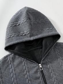 Manfinity EMRG 男士休闲纹理拉链连帽衫和长裤套装，秋季 - 深灰色 - 查看 3