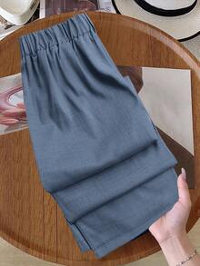 SHEIN PETITE Women's Casual Commuter Contrast Waistband Straight Leg Pants - Blue - View 2